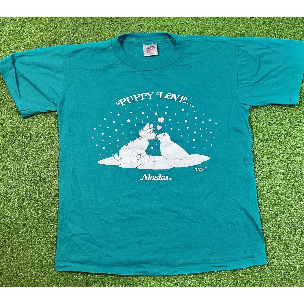 Vintage Graphic Tee LG Animal Shirt Single Stitch Morning Sun "puppy Love" Teal